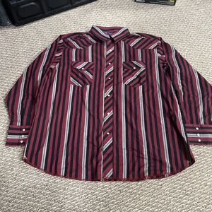 Wrangler Western Shirt Mens XXL Pearl Snaps Buttons Red Striped Long Sleeve